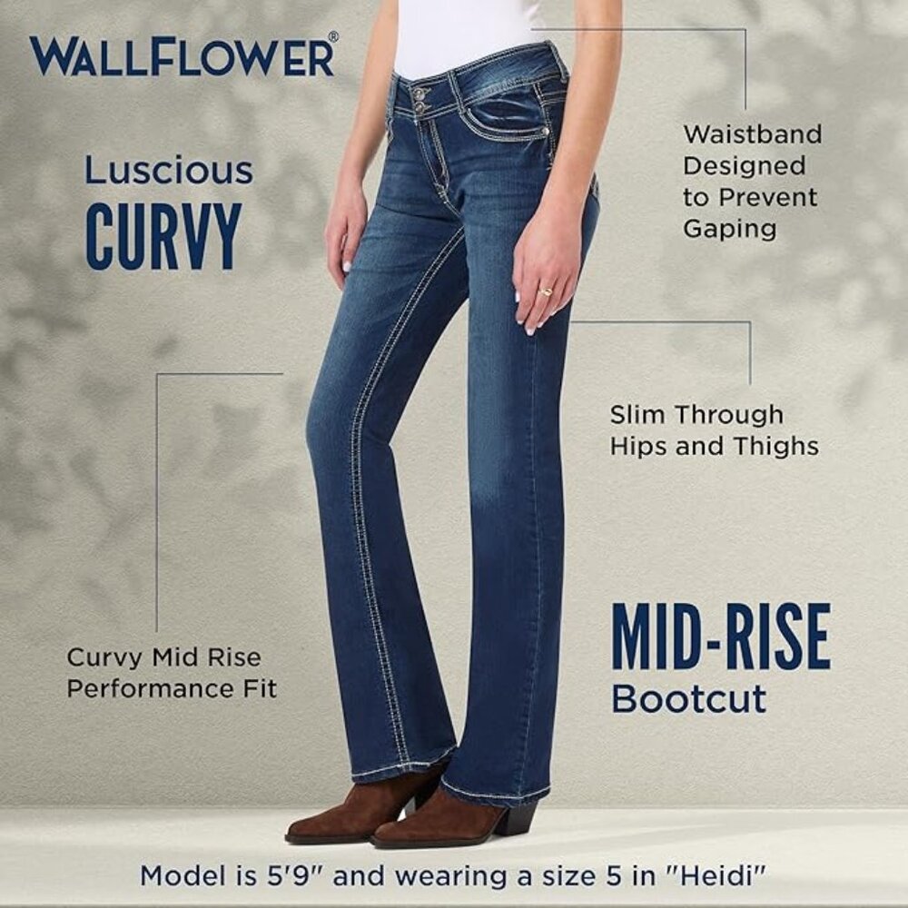 WallFlower Luscious Curvy Bootcut Jeans for Women, Mid-Rise Insta Stretch Denim